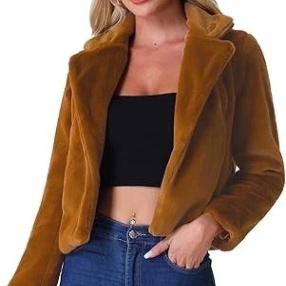Cropped Faux Fur Jacket Allegra K Womens NWT Lapel Pockets Cardigan Shrug Size L